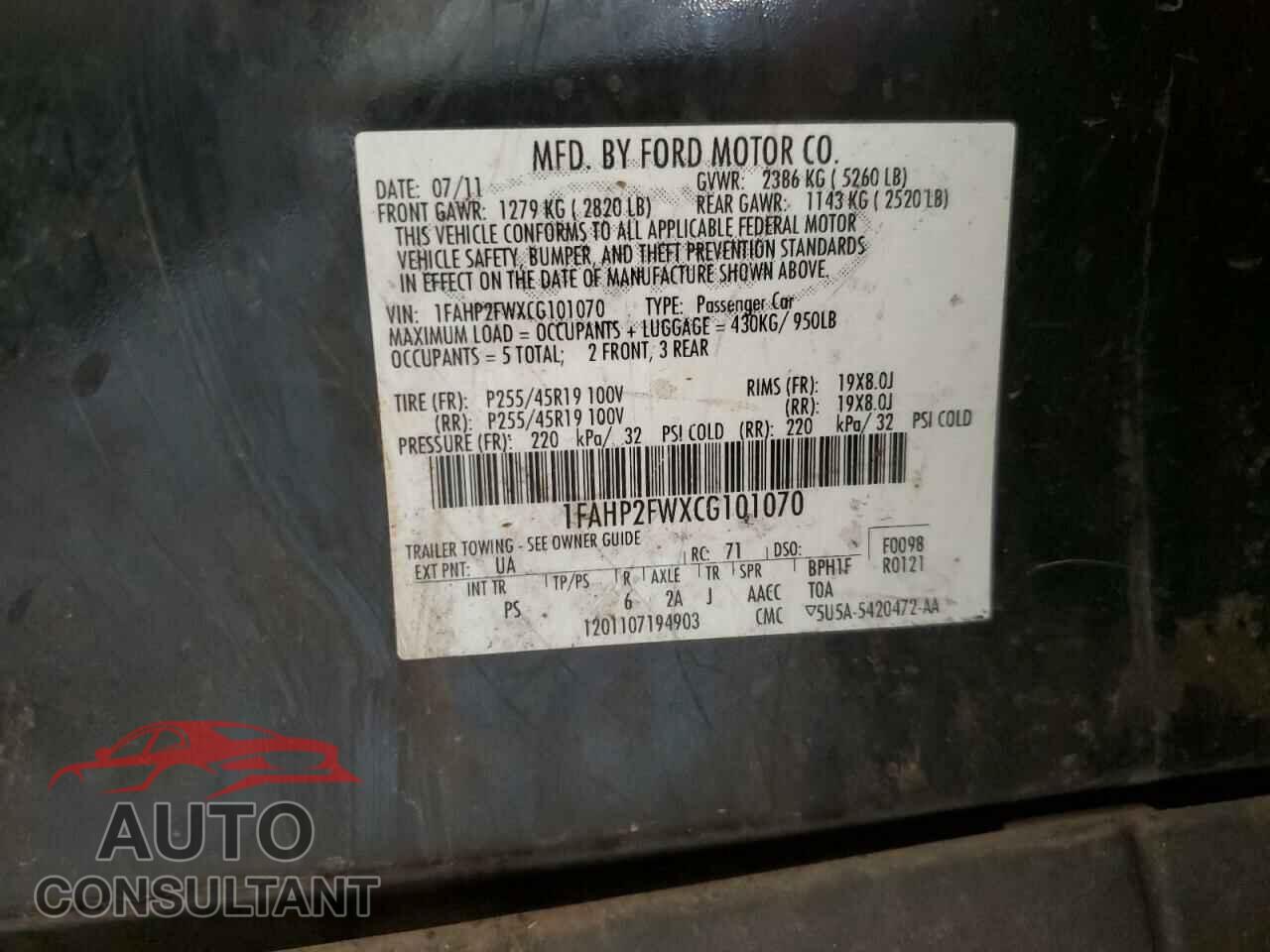 FORD TAURUS 2012 - 1FAHP2FWXCG101070