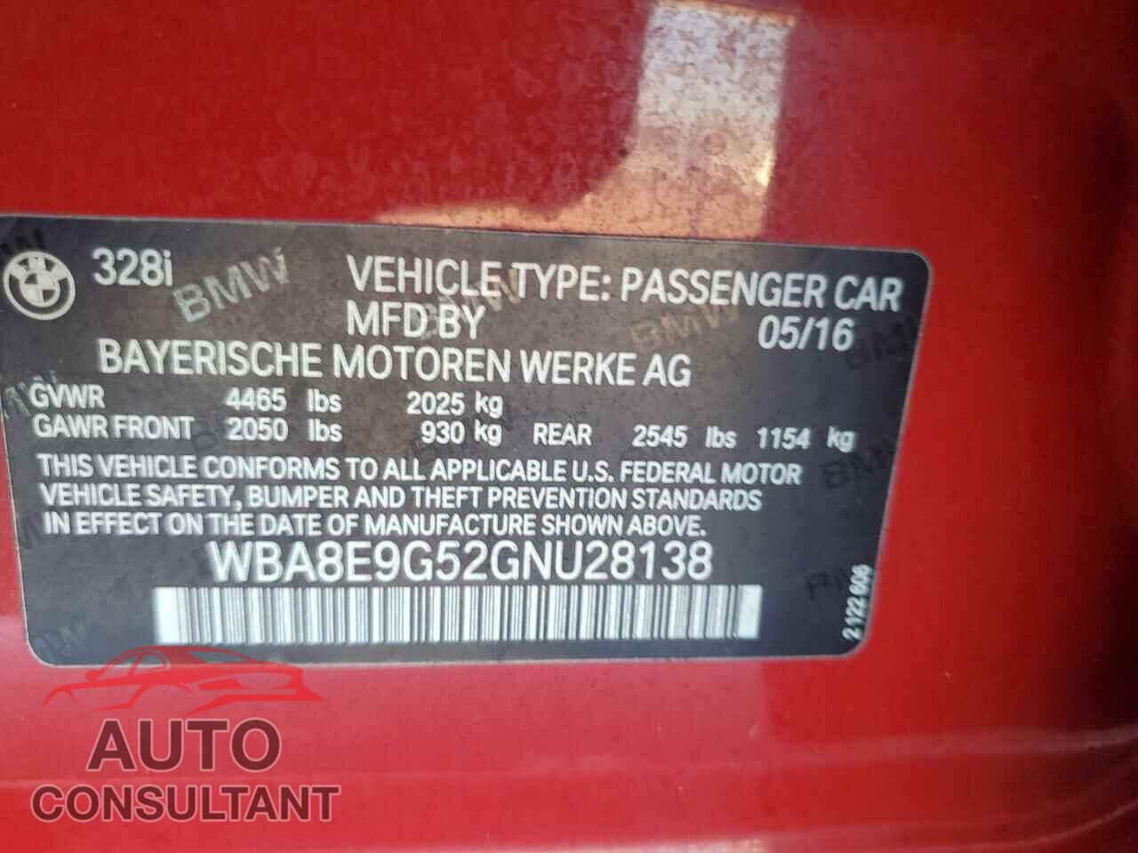 BMW 3 SERIES 2016 - WBA8E9G52GNU28138