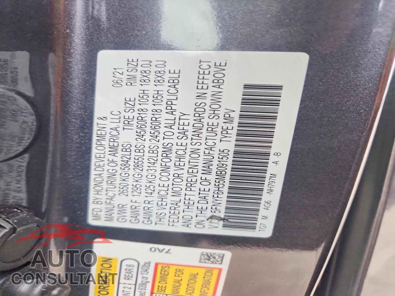 HONDA PILOT 2021 - 5FNYF6H55MB091505