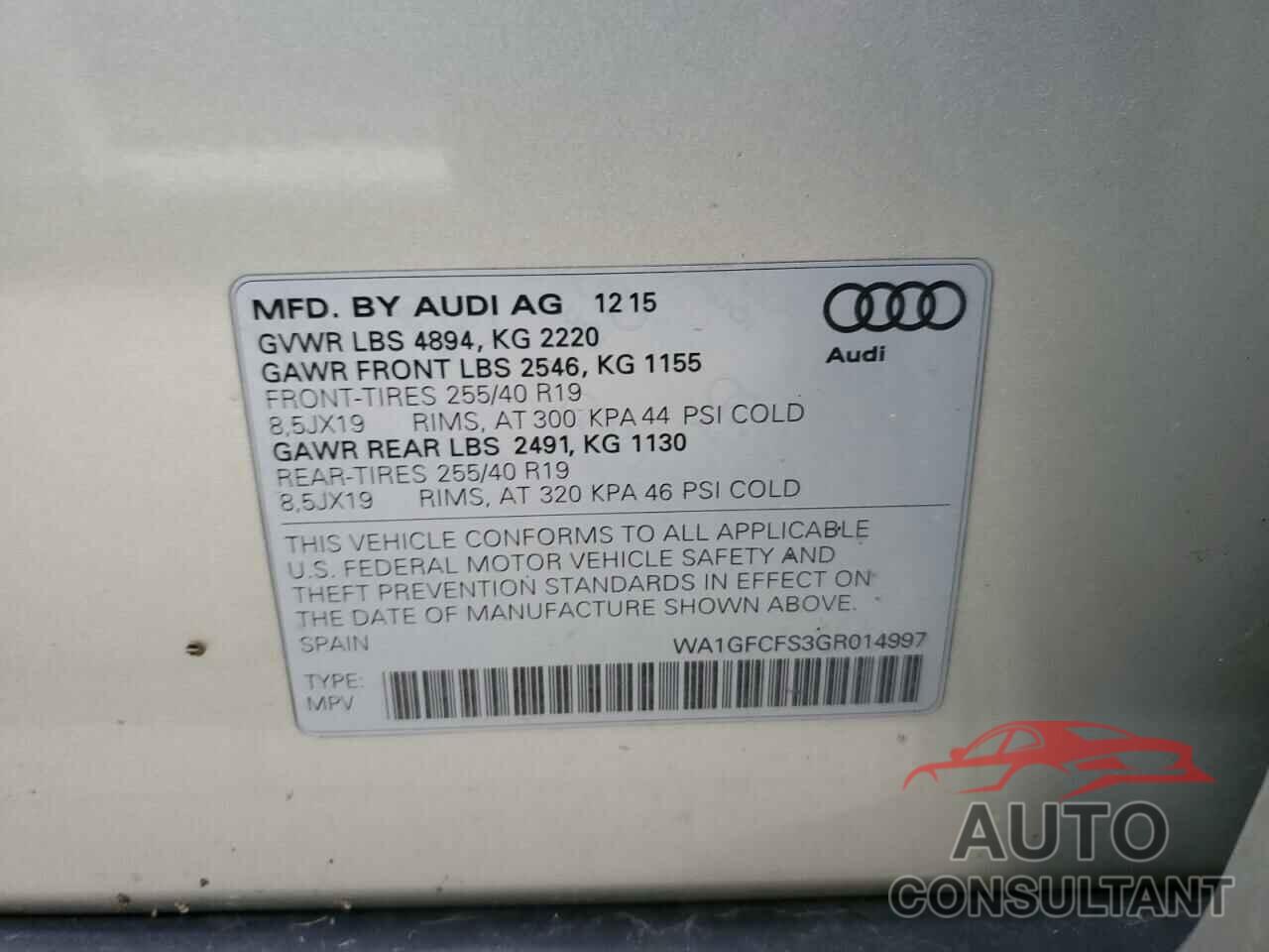 AUDI Q3 2016 - WA1GFCFS3GR014997