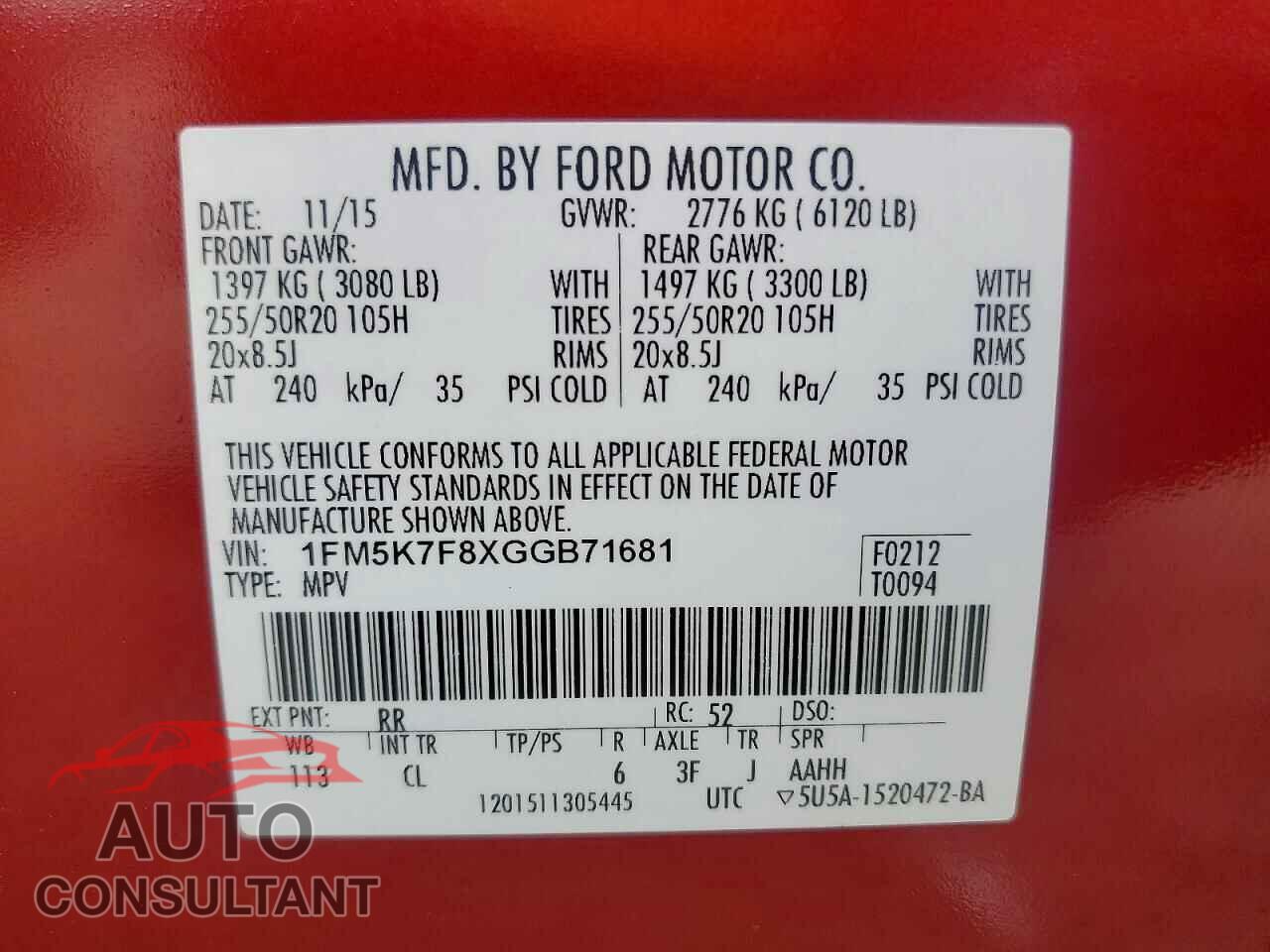 FORD EXPLORER 2016 - 1FM5K7F8XGGB71681