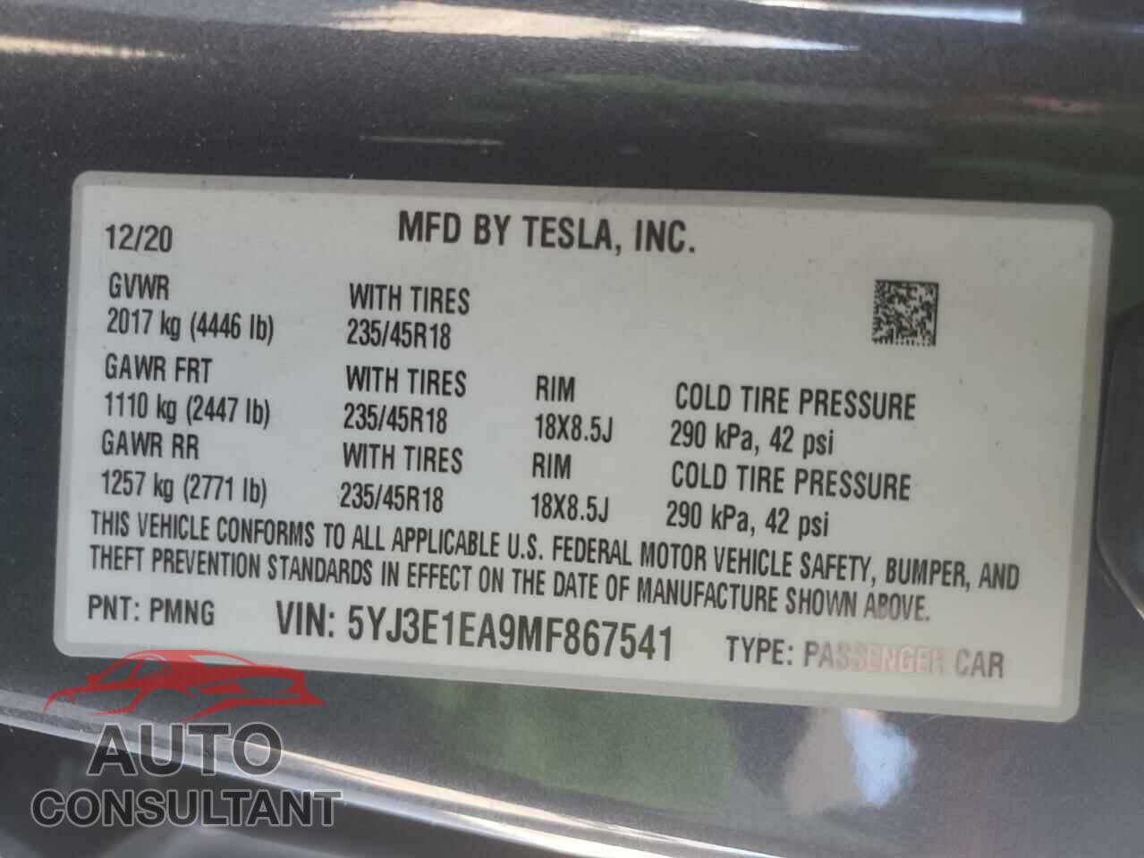 TESLA MODEL 3 2021 - 5YJ3E1EA9MF867541