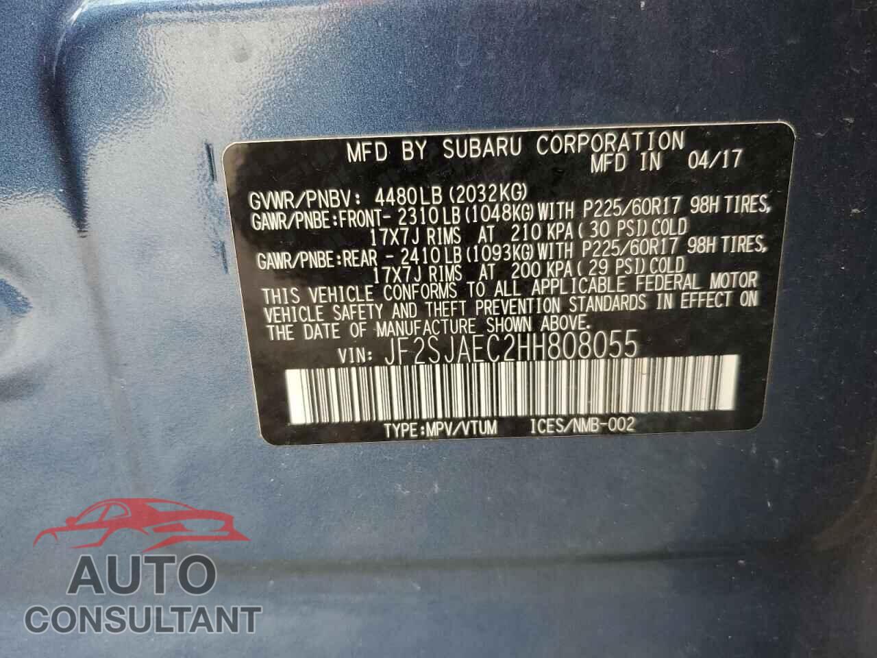 SUBARU FORESTER 2017 - JF2SJAEC2HH808055