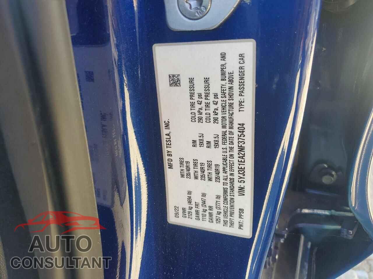 TESLA MODEL 3 2022 - 5YJ3E1EA2NF375404