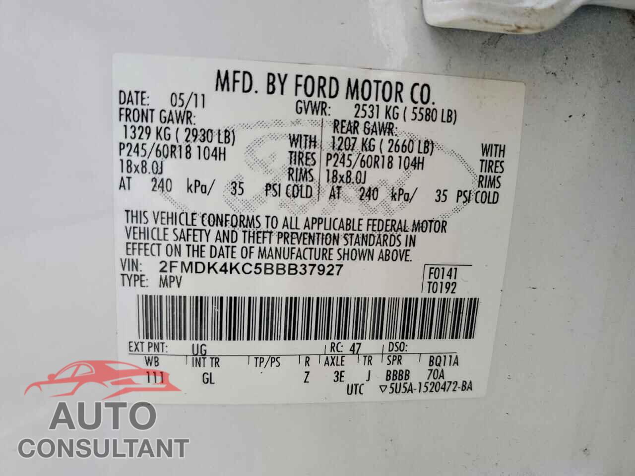 FORD EDGE 2011 - 2FMDK4KC5BBB37927