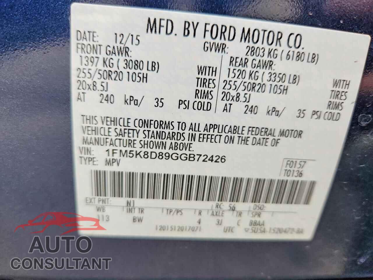 FORD EXPLORER 2016 - 1FM5K8D89GGB72426