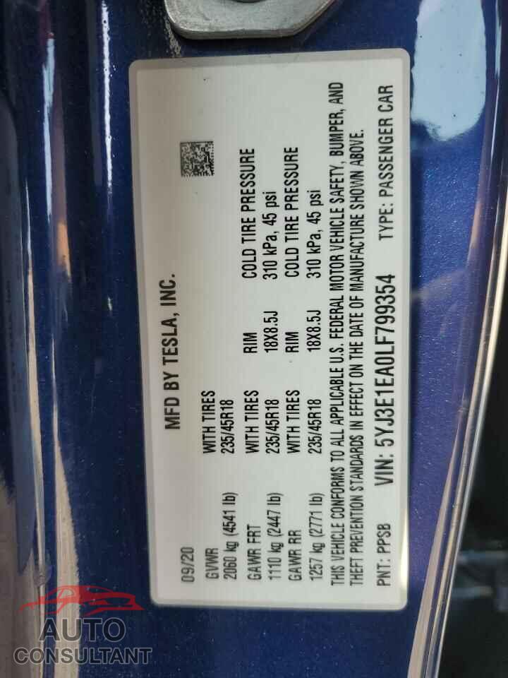 TESLA MODEL 3 2020 - 5YJ3E1EA0LF799354