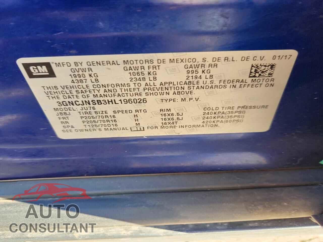 CHEVROLET TRAX 2017 - 3GNCJNSB3HL196026