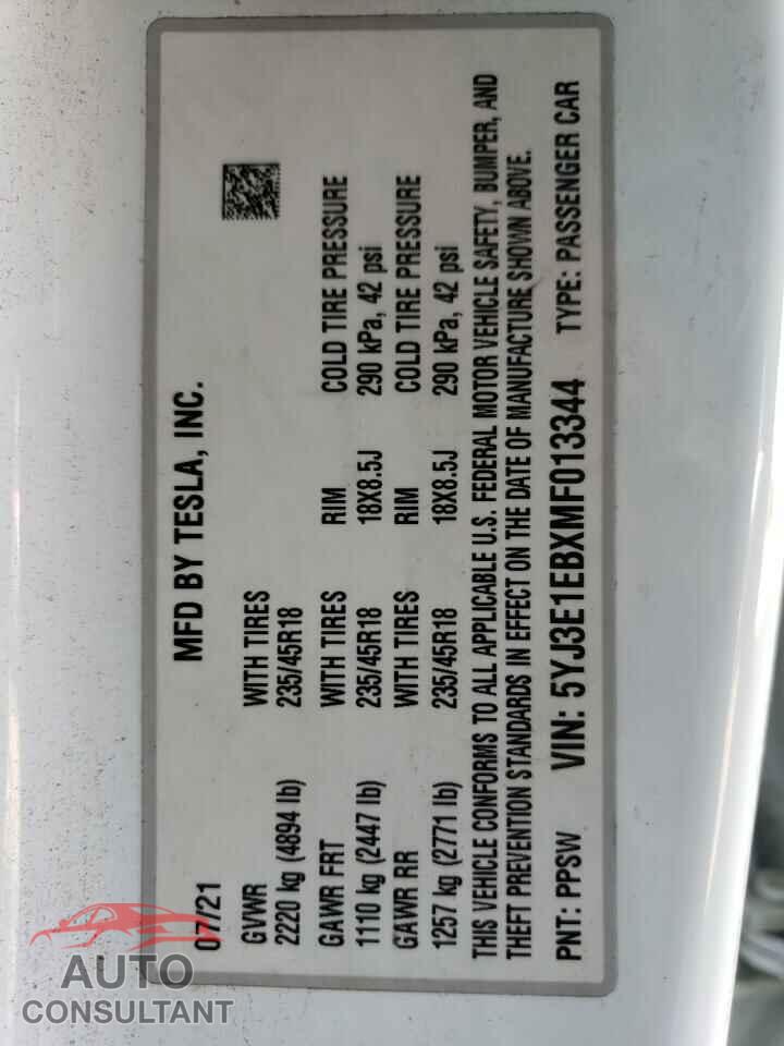 TESLA MODEL 3 2021 - 5YJ3E1EBXMF013344