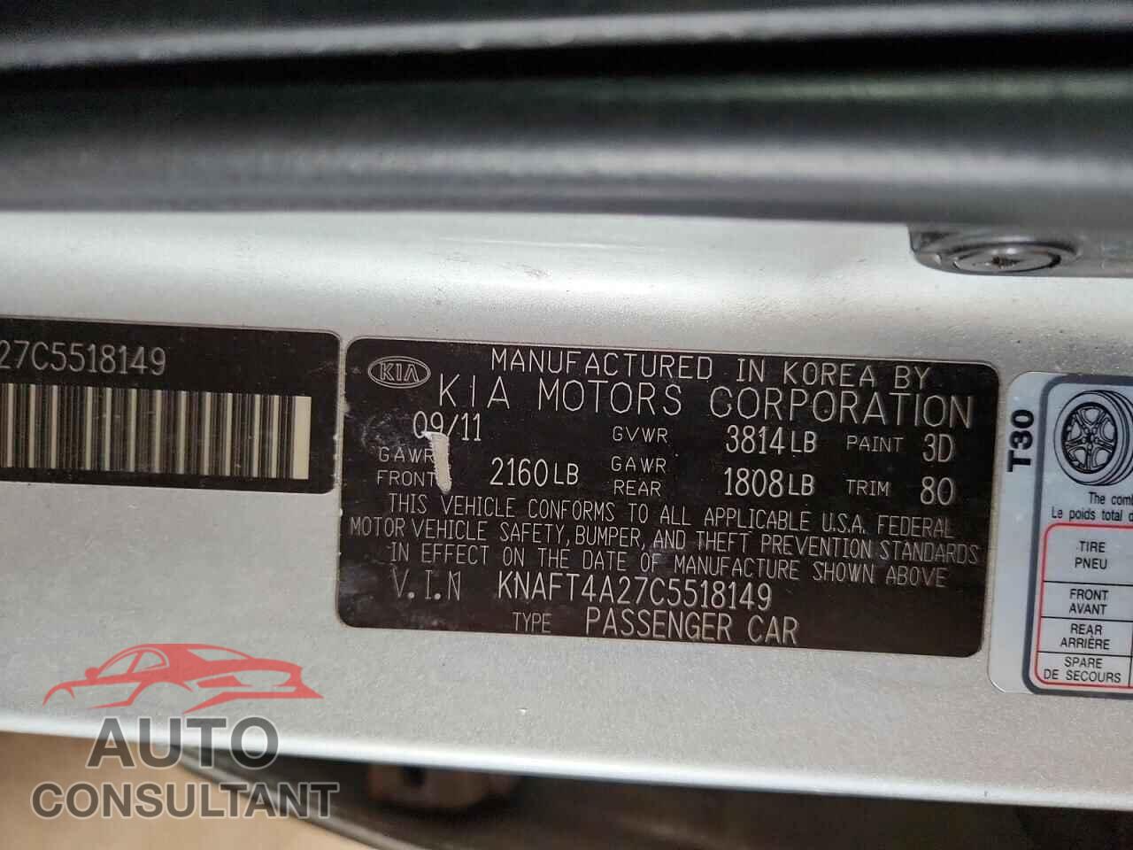 KIA FORTE 2012 - KNAFT4A27C5518149