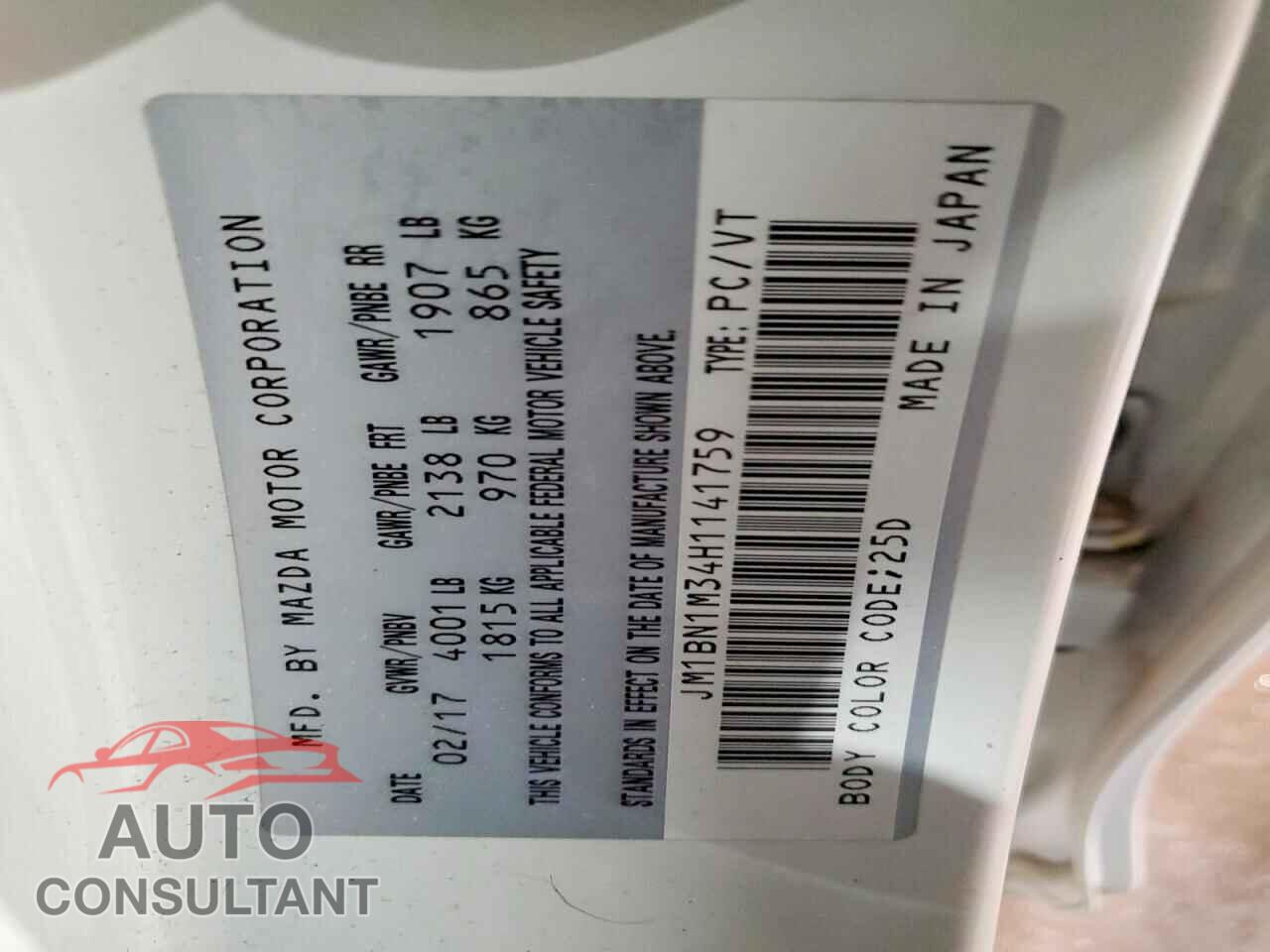 MAZDA 3 2017 - JM1BN1M34H1141759