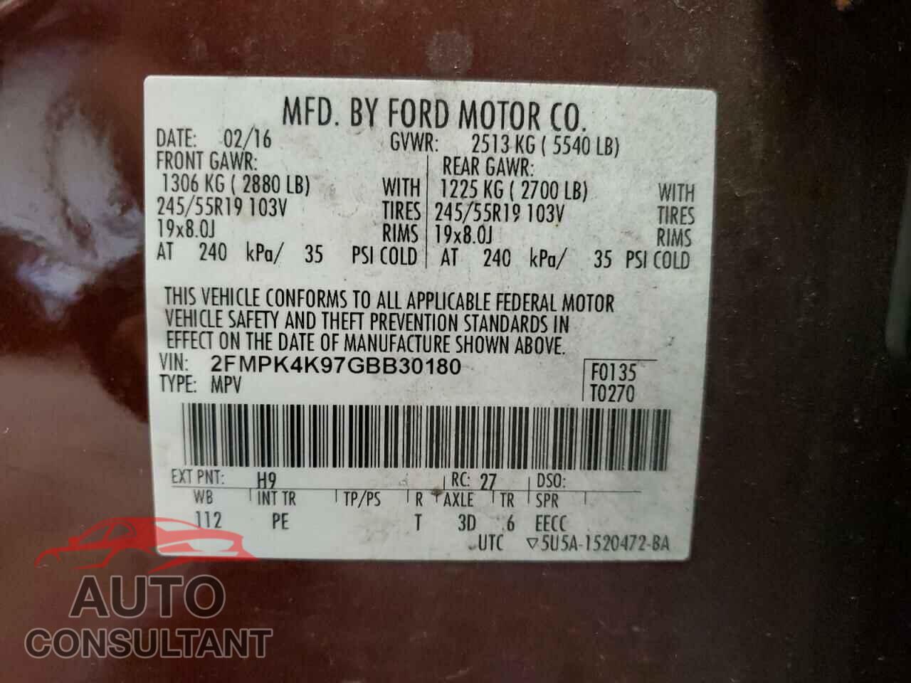 FORD EDGE 2016 - 2FMPK4K97GBB30180