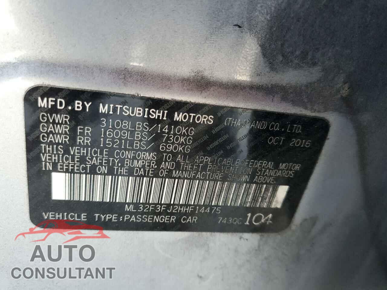 MITSUBISHI MIRAGE 2017 - ML32F3FJ2HHF14475
