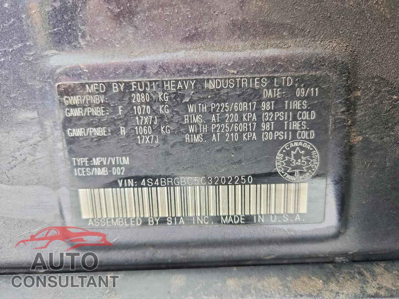 SUBARU OUTBACK 2012 - 4S4BRGBC5C3202250