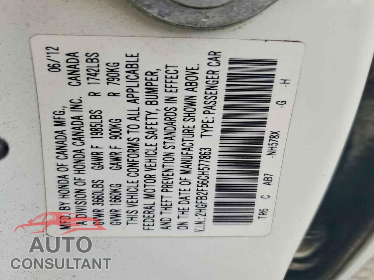 HONDA CIVIC 2012 - 2HGFB2F56CH577863