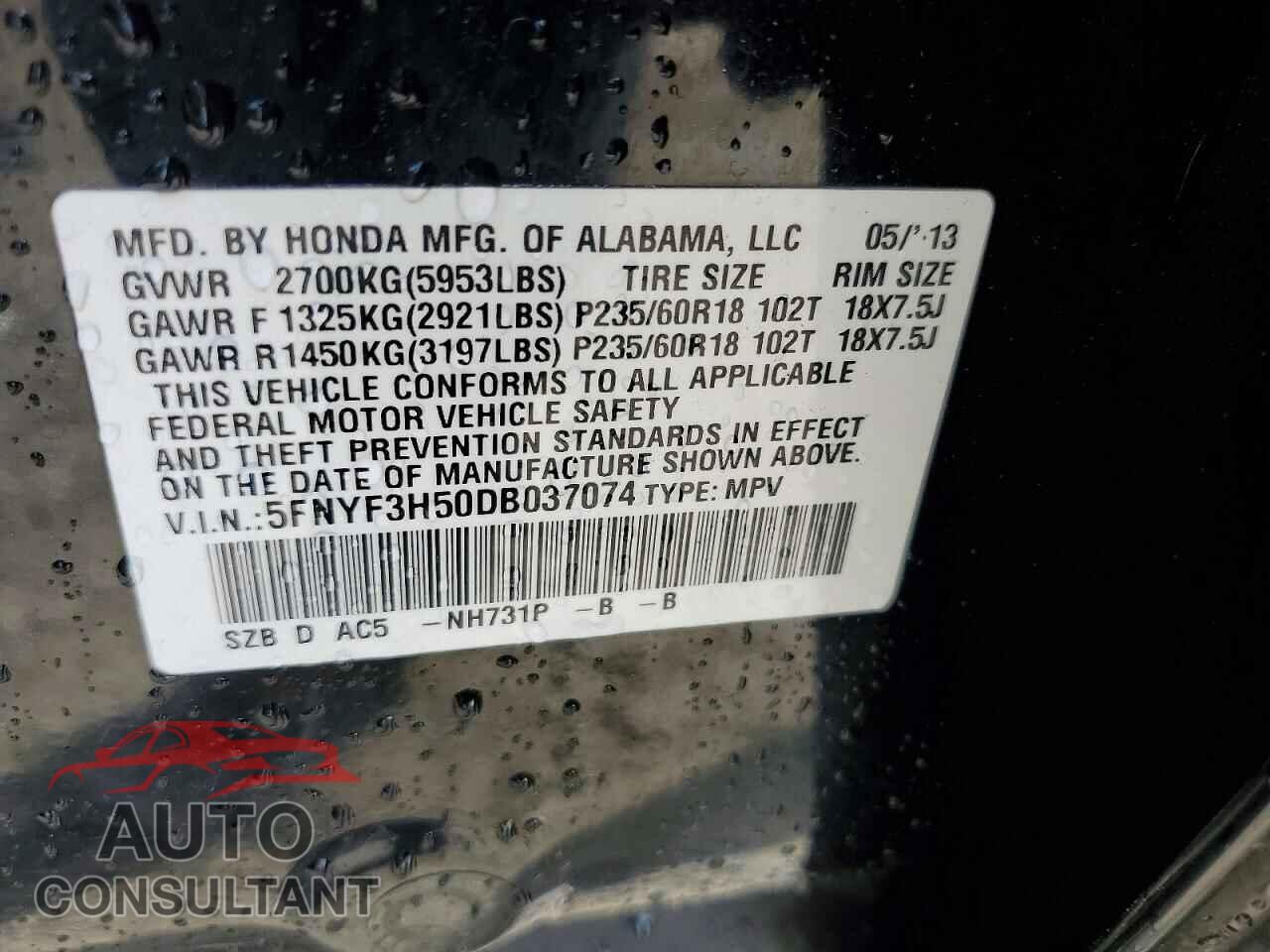 HONDA PILOT 2013 - 5FNYF3H50DB037074