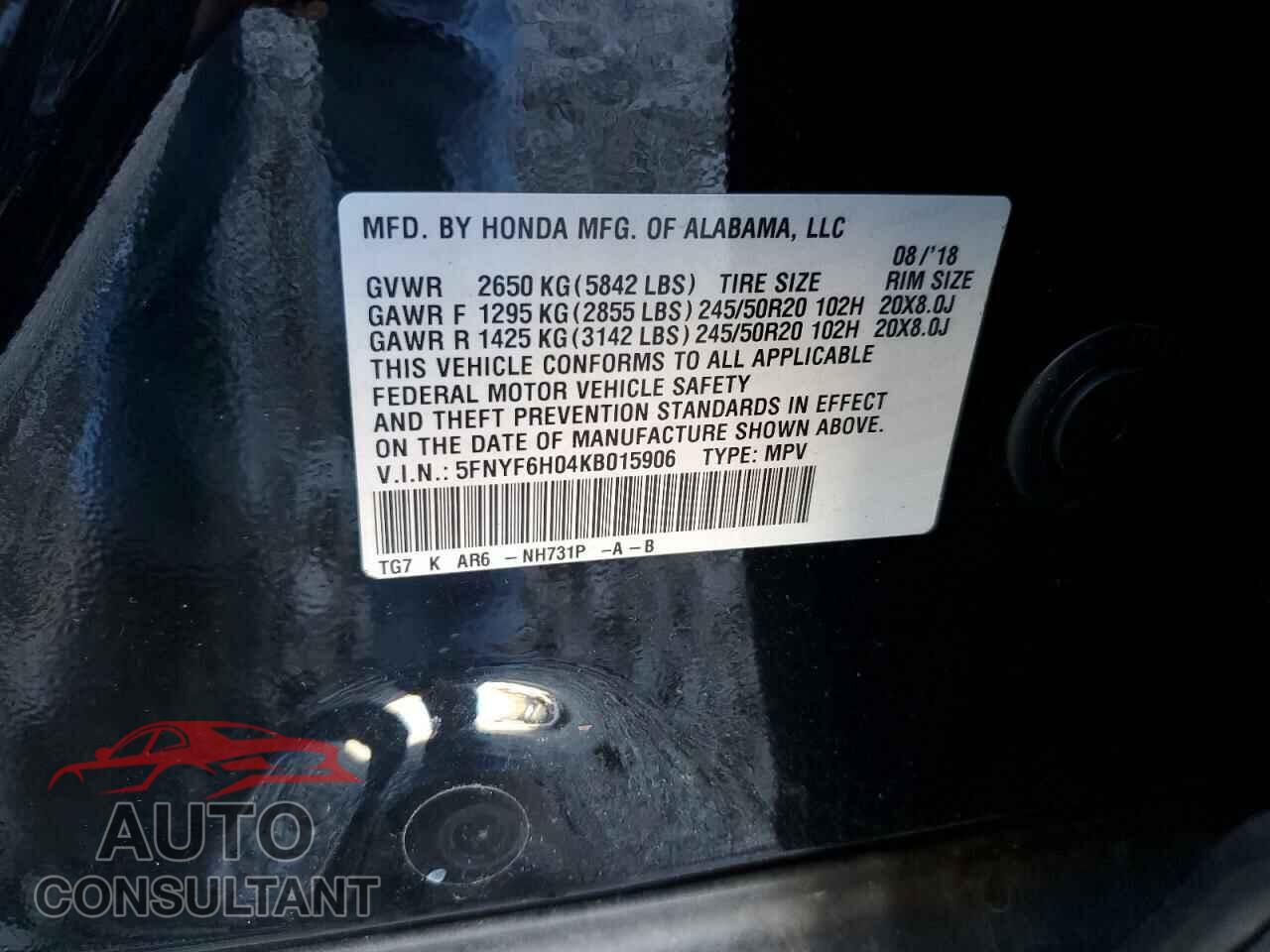 HONDA PILOT 2019 - 5FNYF6H04KB015906