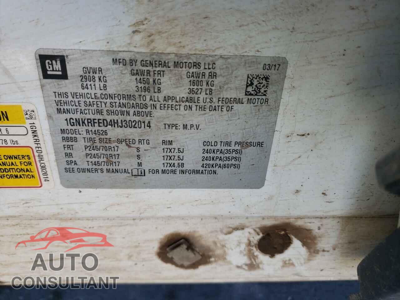 CHEVROLET TRAVERSE 2017 - 1GNKRFED4HJ302014