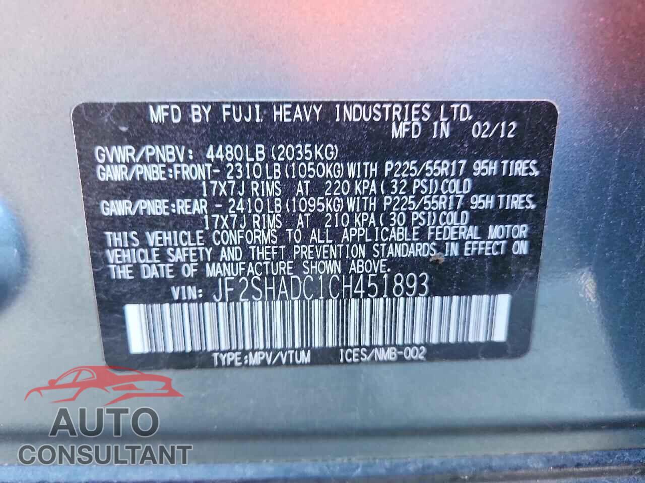 SUBARU FORESTER 2012 - JF2SHADC1CH451893