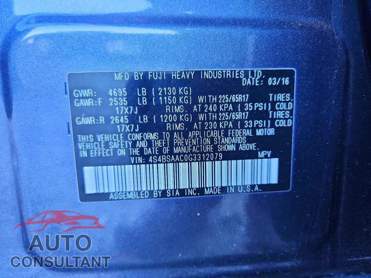 SUBARU OUTBACK 2016 - 4S4BSAAC0G3312079