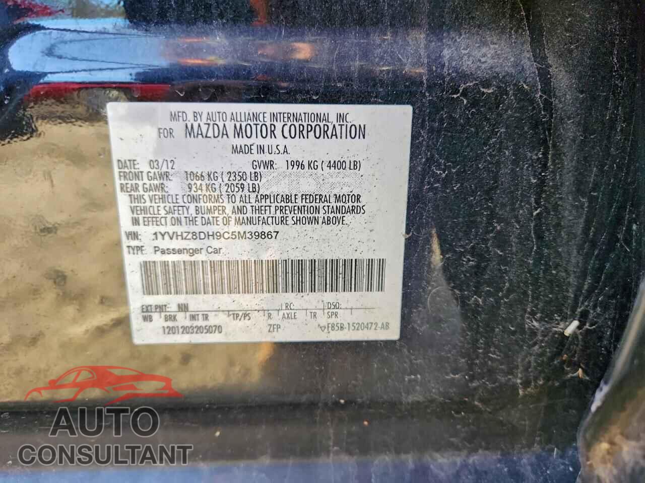 MAZDA 6 2012 - 1YVHZ8DH9C5M39867
