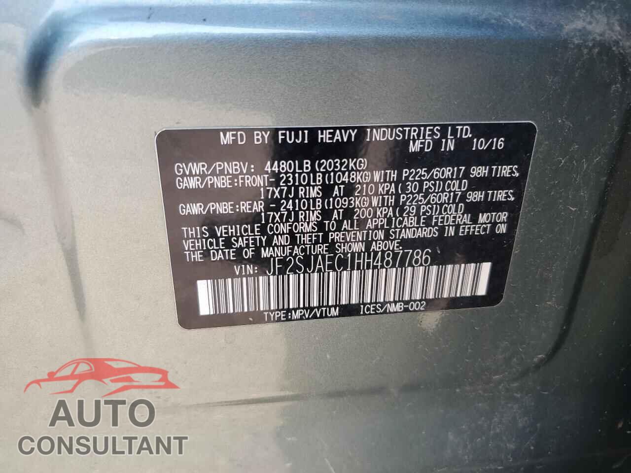 SUBARU FORESTER 2017 - JF2SJAEC1HH487786