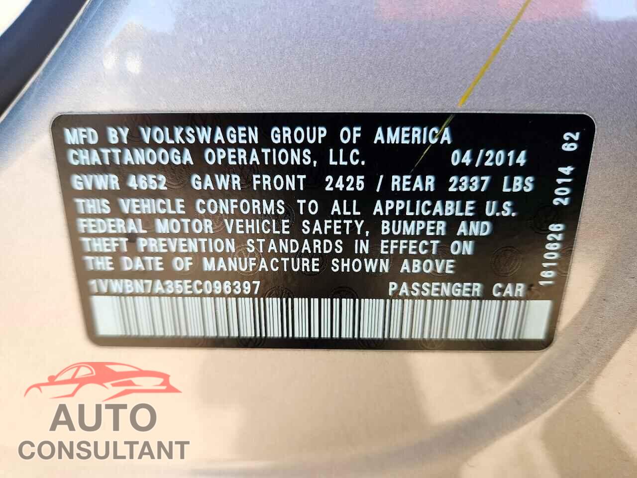 VOLKSWAGEN PASSAT 2014 - 1VWBN7A35EC096397