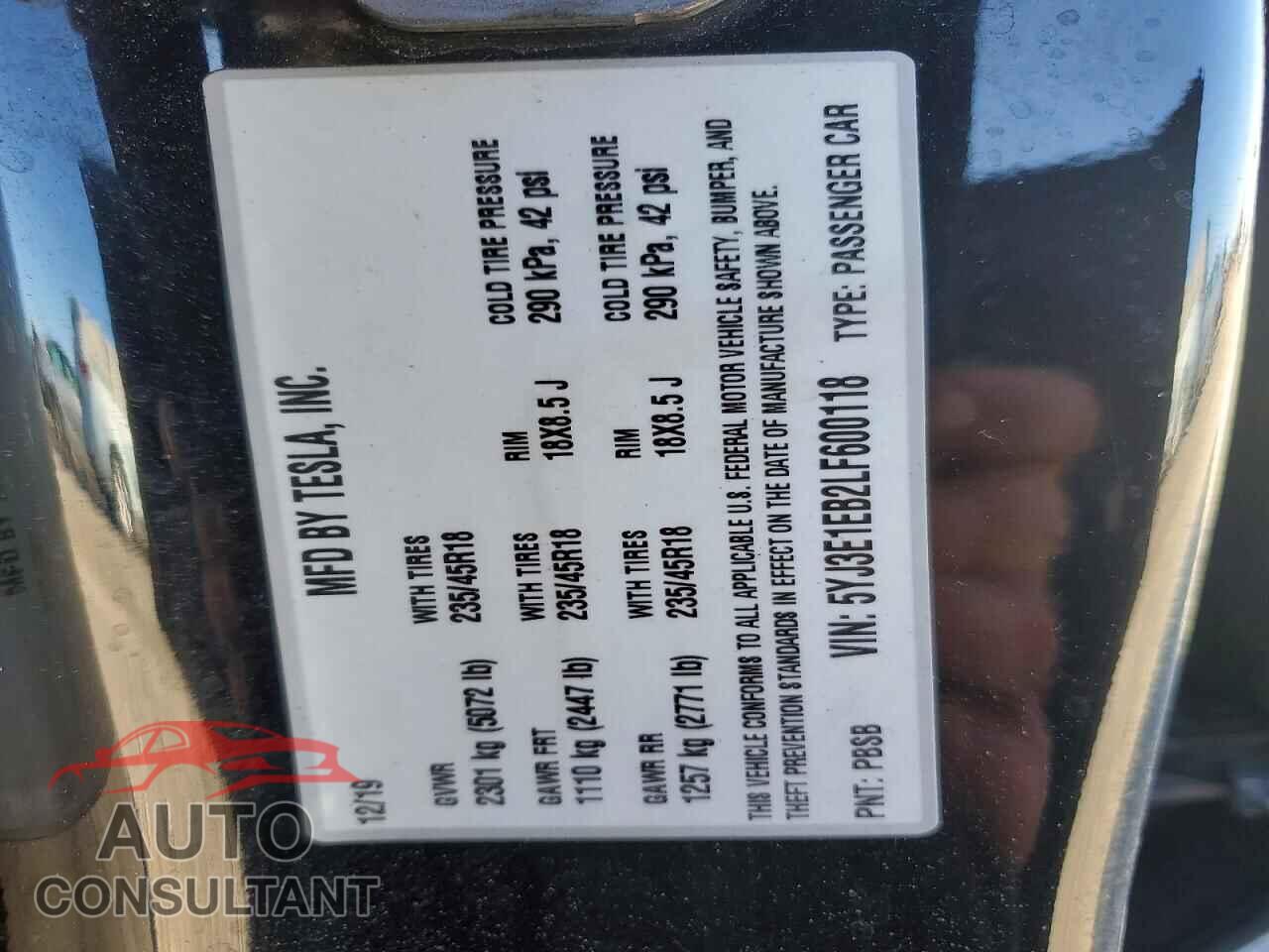 TESLA MODEL 3 2020 - 5YJ3E1EB2LF600118