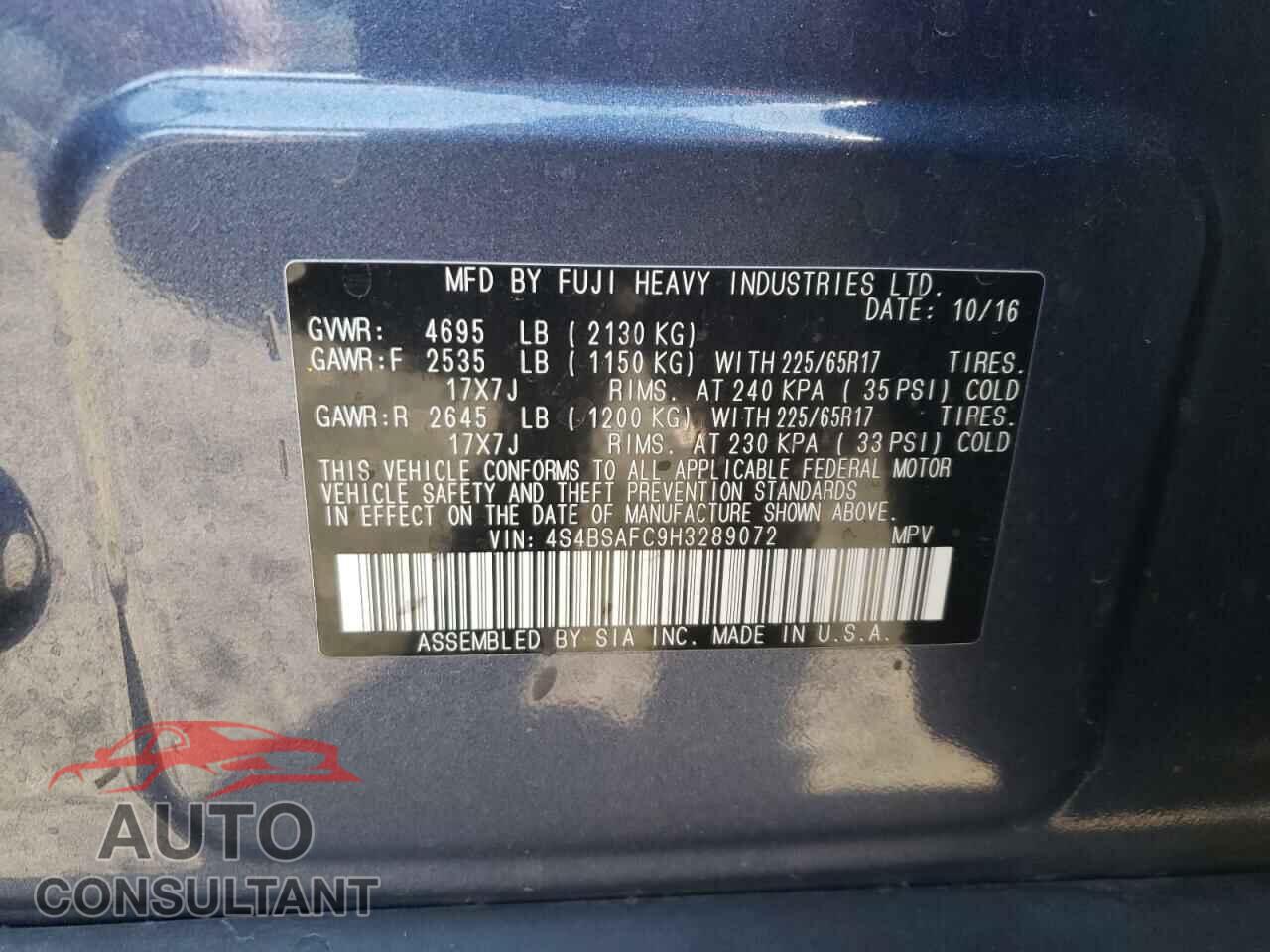 SUBARU OUTBACK 2017 - 4S4BSAFC9H3289072