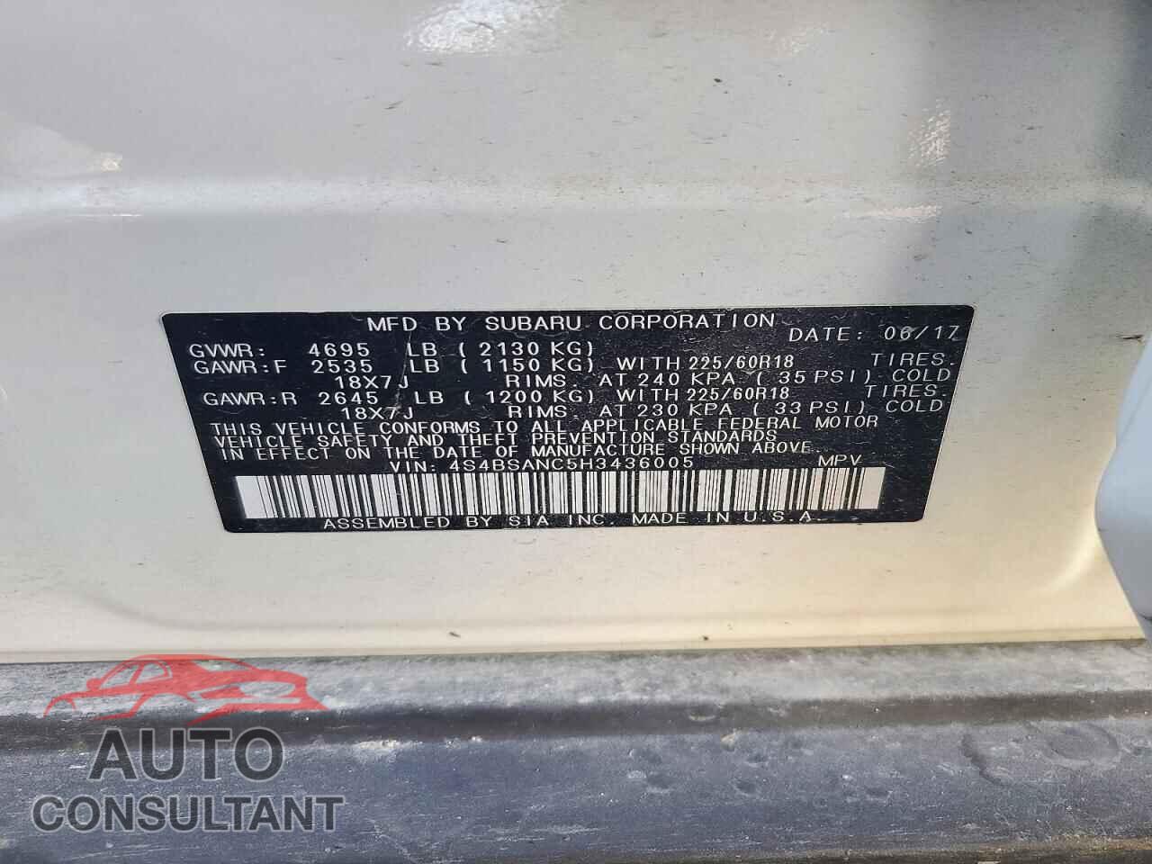 SUBARU OUTBACK 2017 - 4S4BSANC5H3436005