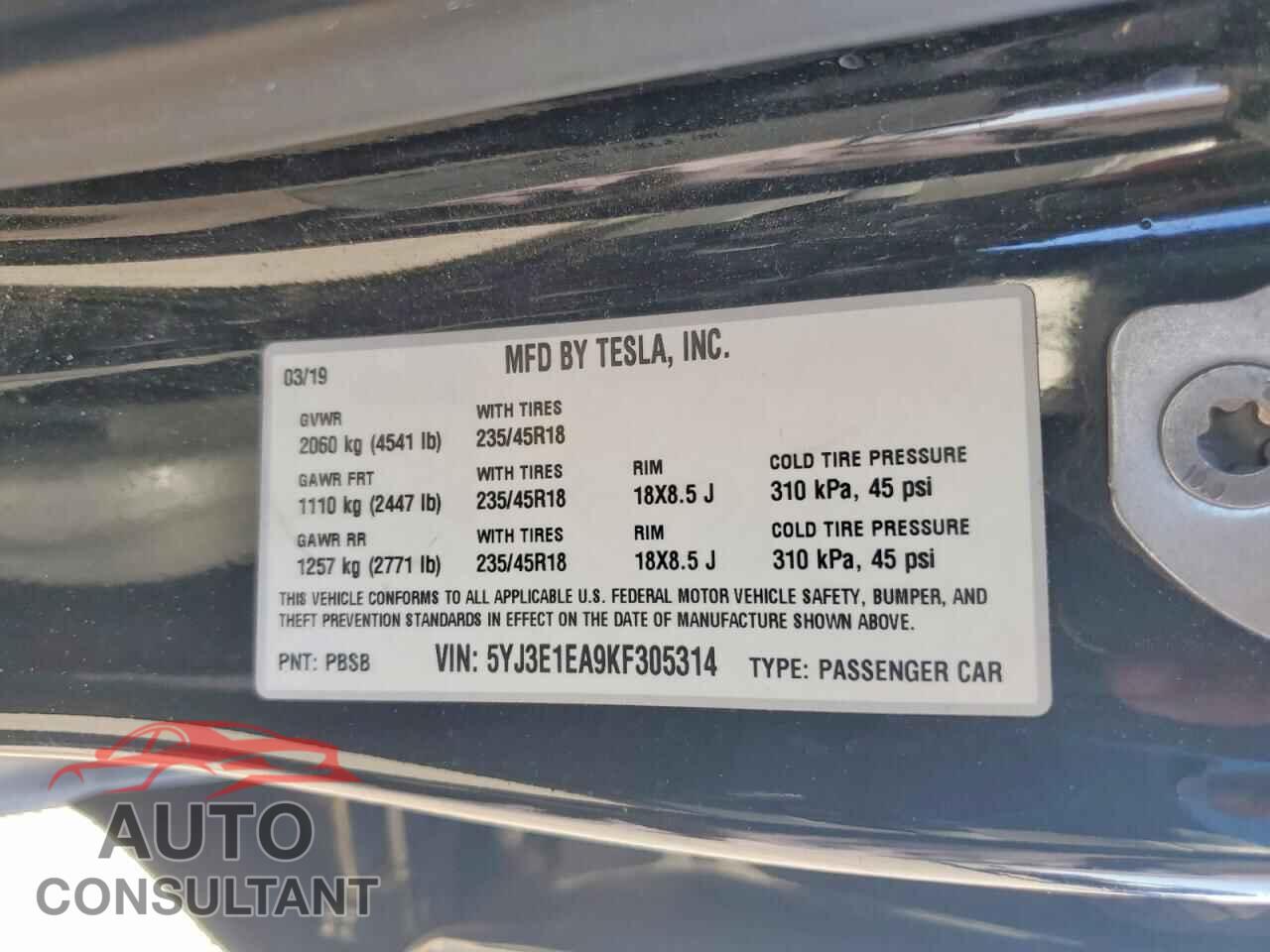 TESLA MODEL 3 2019 - 5YJ3E1EA9KF305314