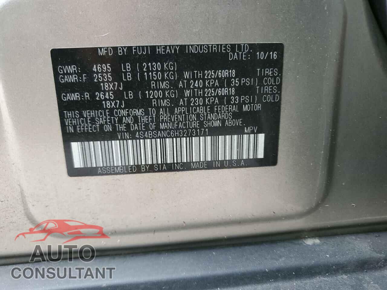 SUBARU OUTBACK 2017 - 4S4BSANC6H3273171