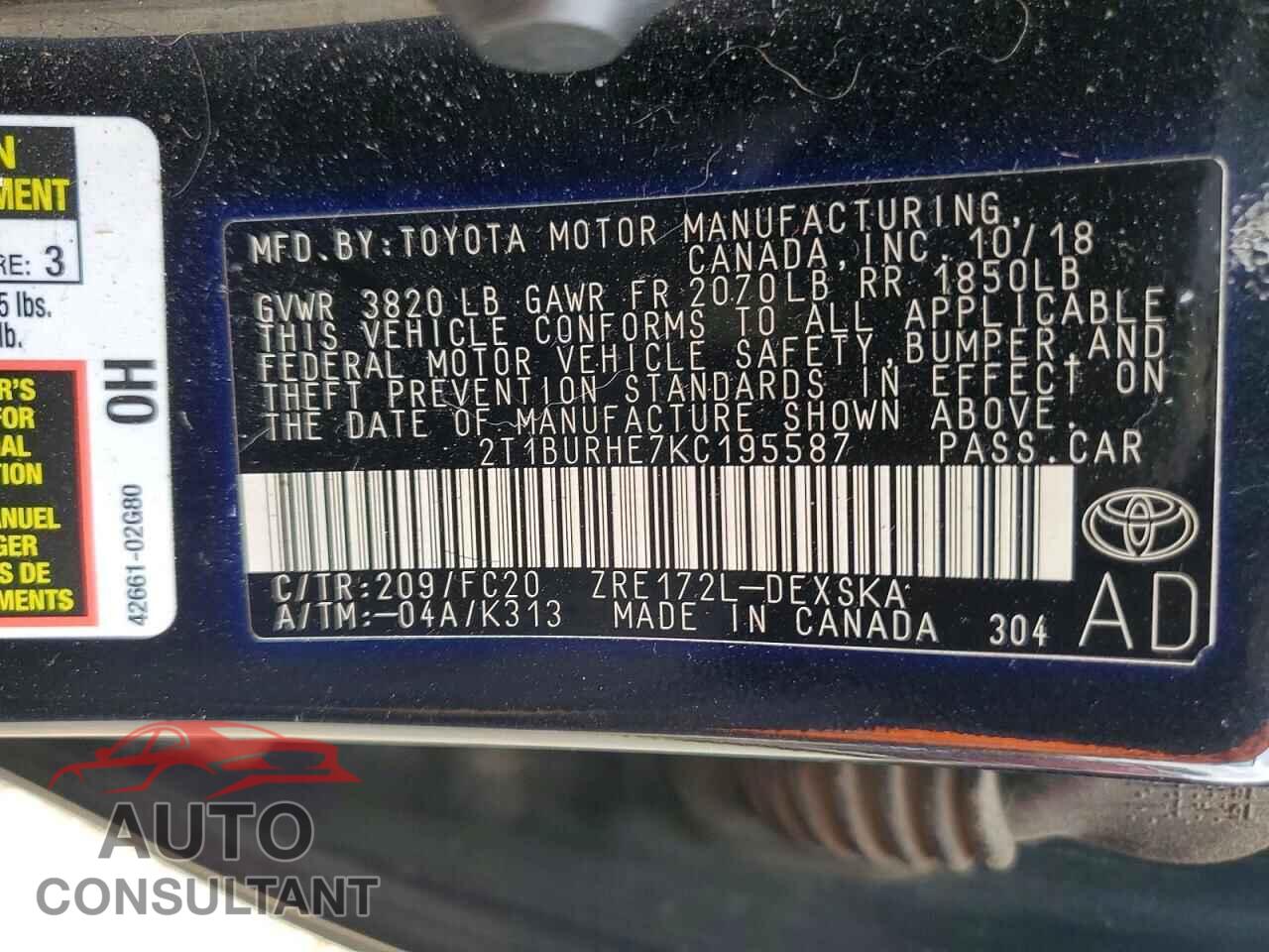 TOYOTA COROLLA 2019 - 2T1BURHE7KC195587