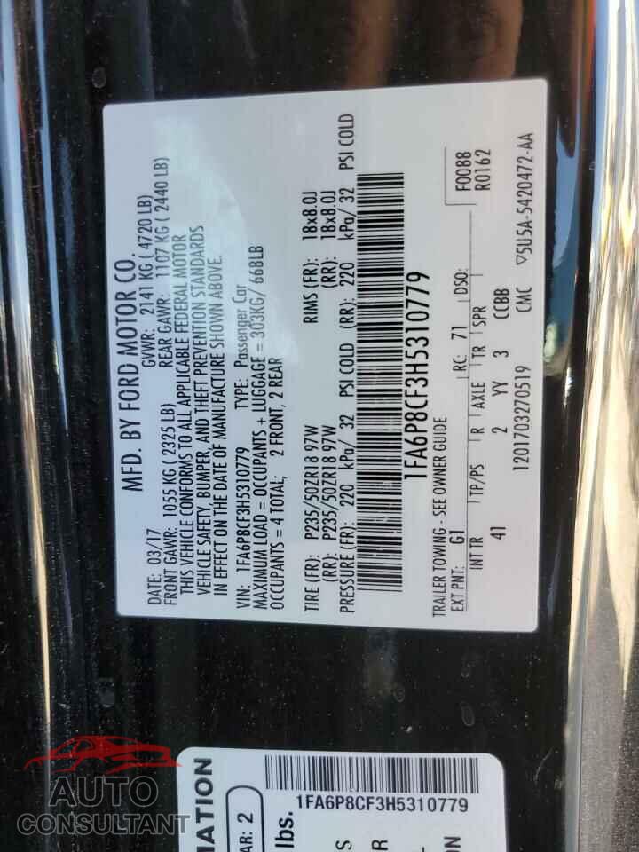 FORD MUSTANG 2017 - 1FA6P8CF3H5310779