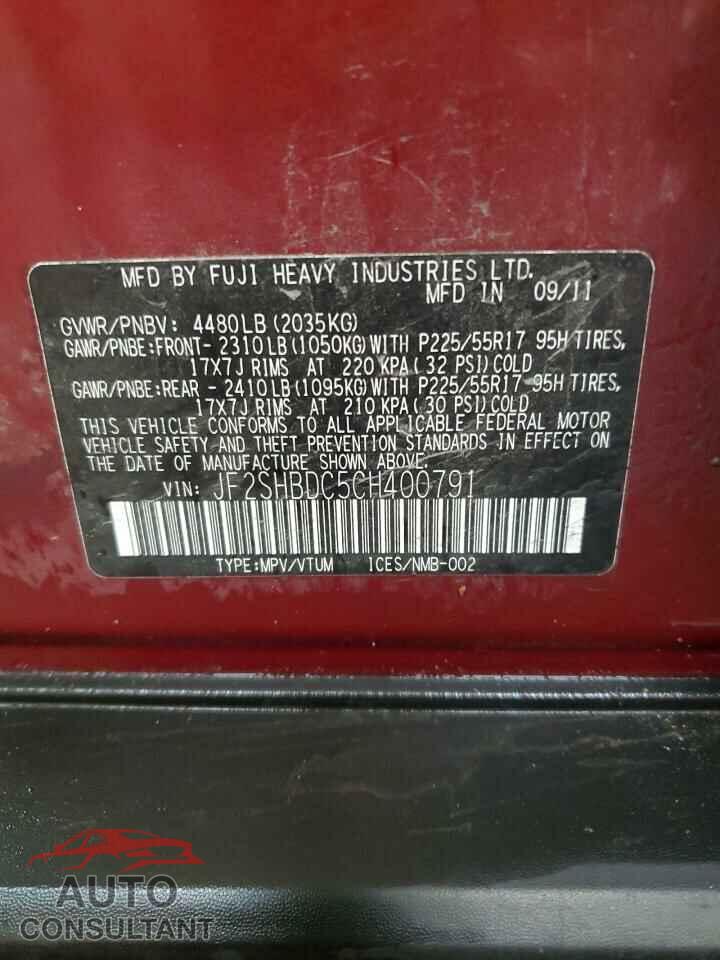 SUBARU FORESTER 2012 - JF2SHBDC5CH400791