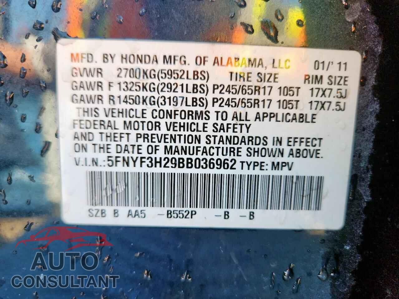 HONDA PILOT 2011 - 5FNYF3H29BB036962