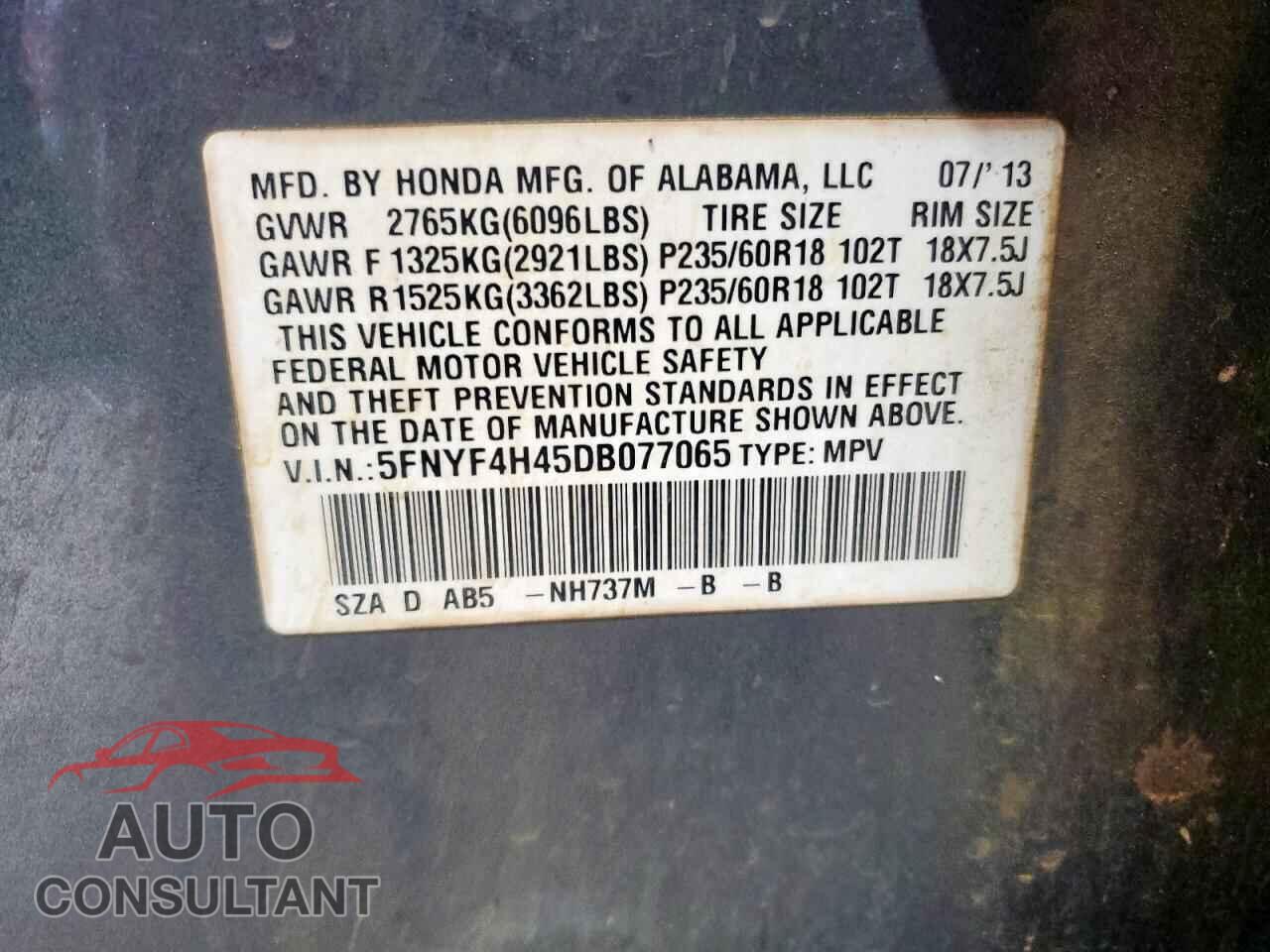 HONDA PILOT 2013 - 5FNYF4H45DB077065