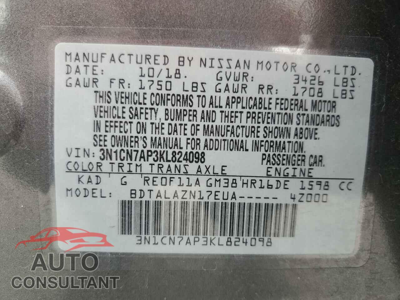 NISSAN VERSA 2019 - 3N1CN7AP3KL824098