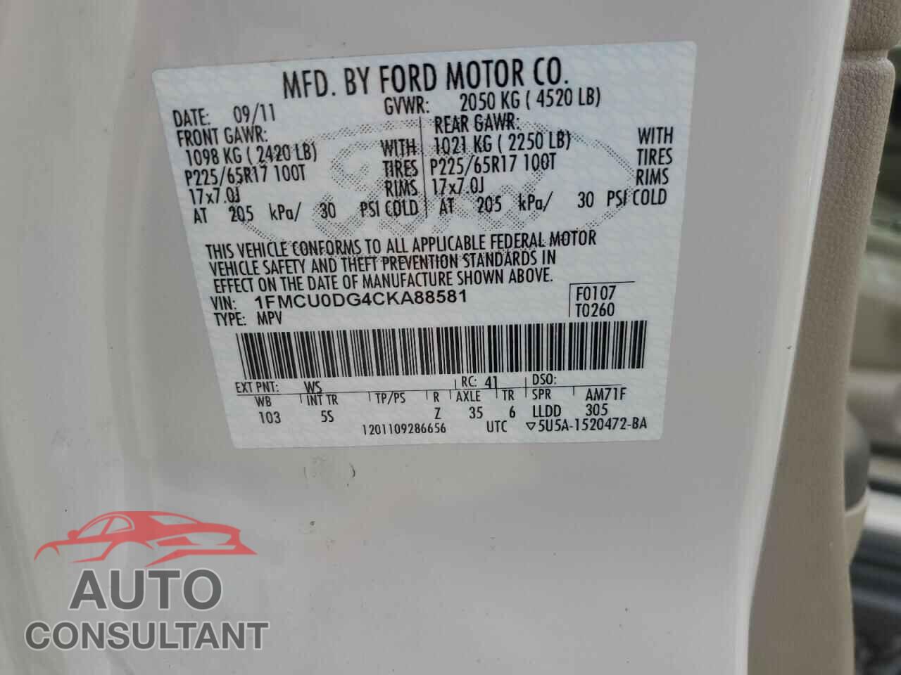 FORD ESCAPE 2012 - 1FMCU0DG4CKA88581
