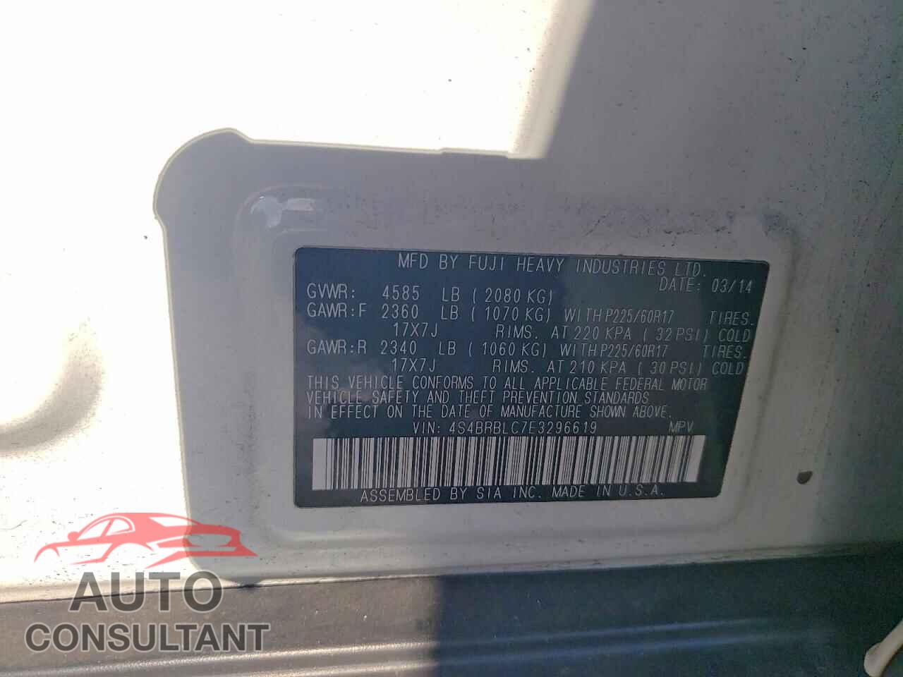 SUBARU OUTBACK 2014 - 4S4BRBLC7E3296619