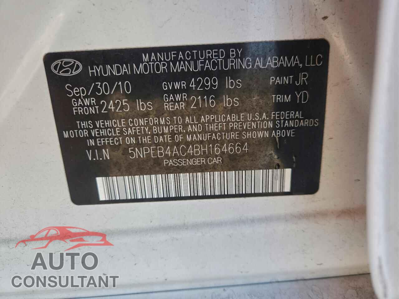 HYUNDAI SONATA 2011 - 5NPEB4AC4BH164664