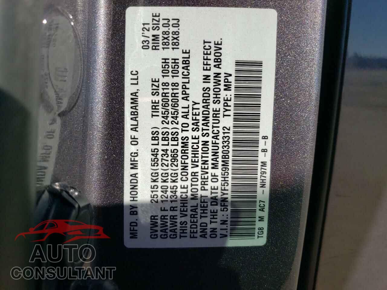 HONDA PILOT 2021 - 5FNYF5H59MB033312