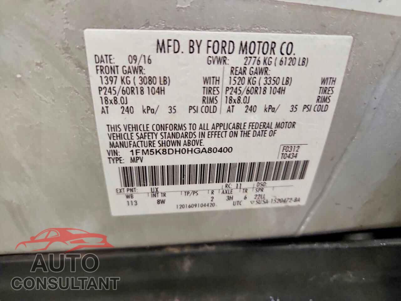 FORD EXPLORER 2017 - 1FM5K8DH0HGA80400