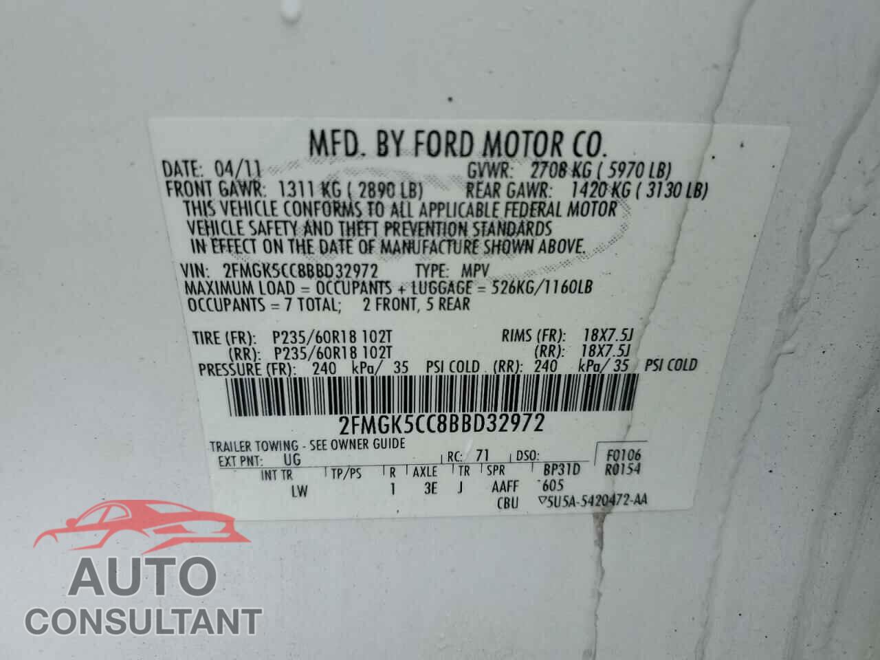 FORD FLEX 2011 - 2FMGK5CC8BBD32972
