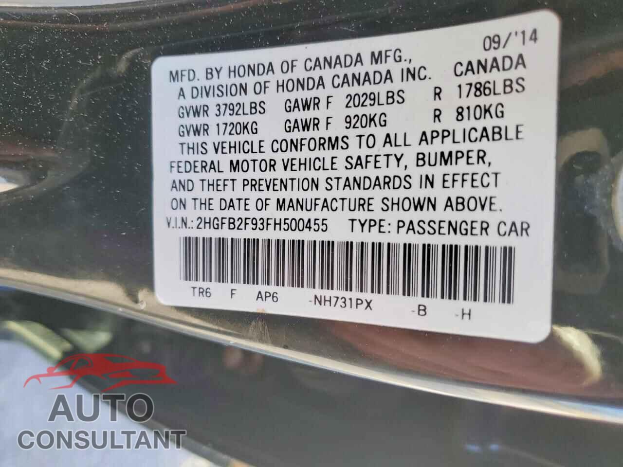 HONDA CIVIC 2015 - 2HGFB2F93FH500455