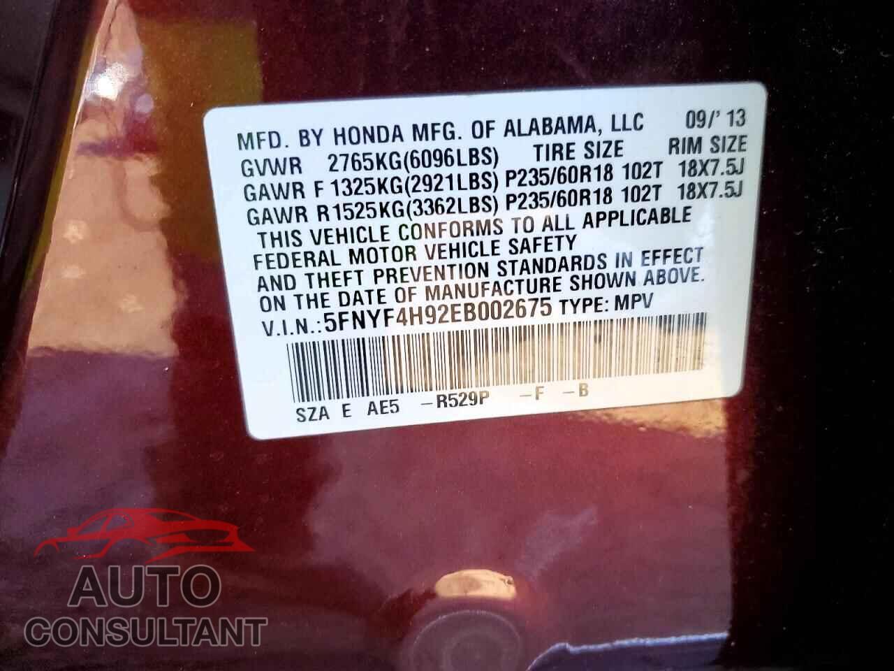 HONDA PILOT 2014 - 5FNYF4H92EB002675