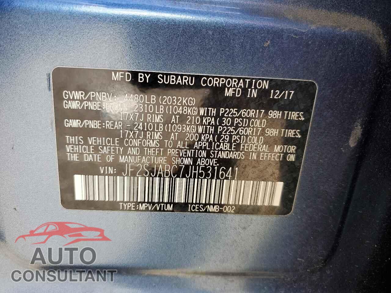 SUBARU FORESTER 2018 - JF2SJABC7JH531641