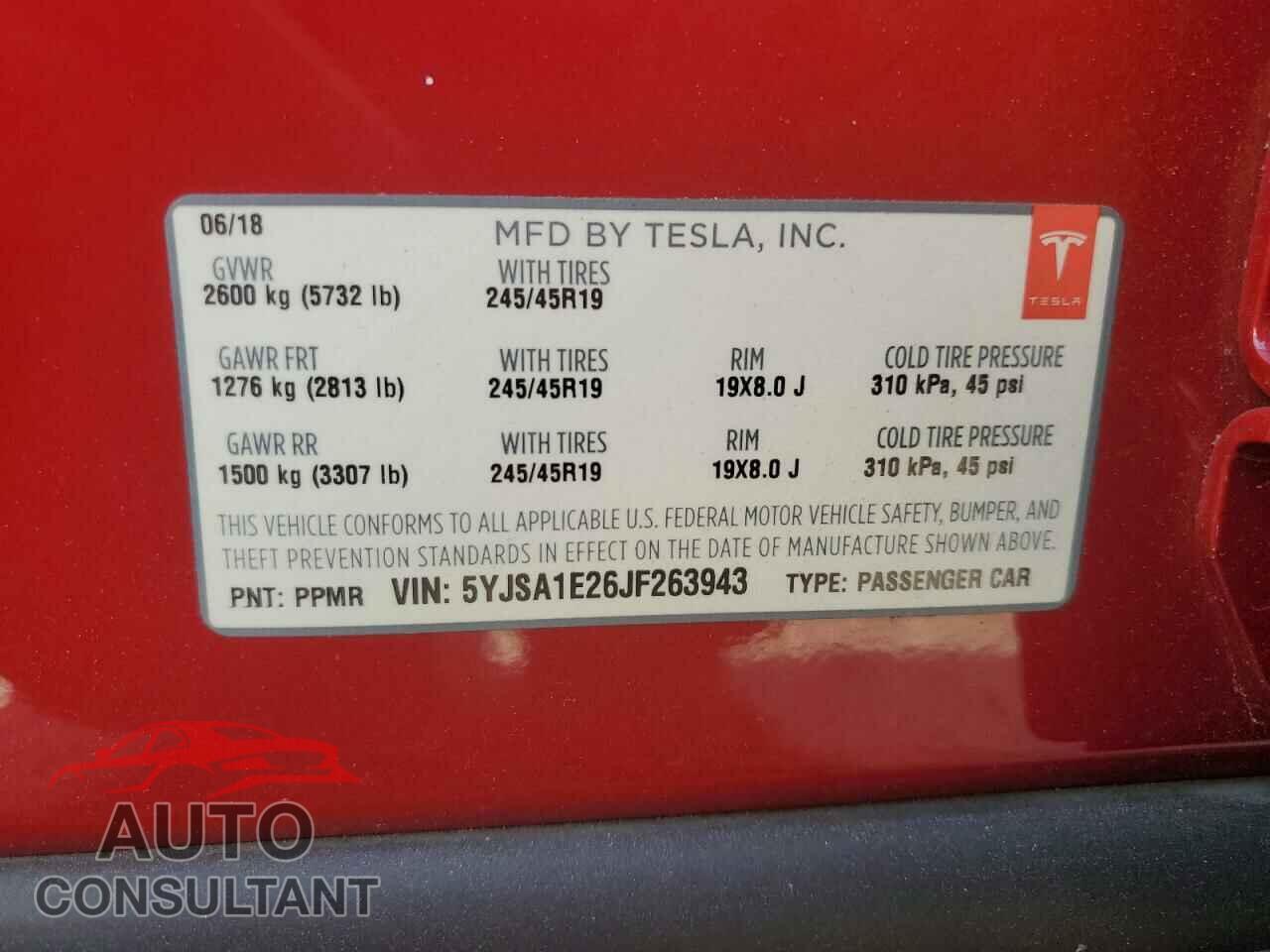 TESLA MODEL S 2018 - 5YJSA1E26JF263943