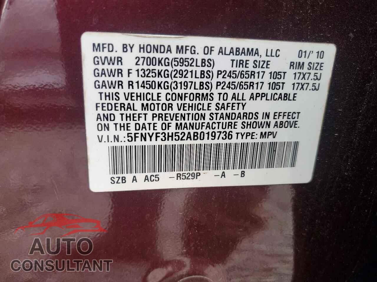 HONDA PILOT 2010 - 5FNYF3H52AB019736