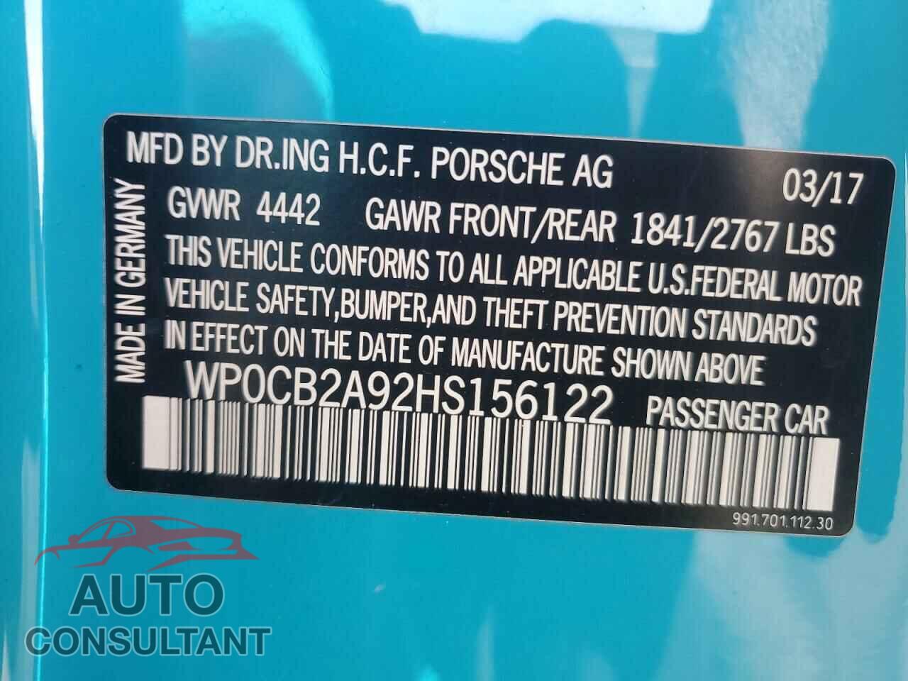 PORSCHE 911 2017 - WP0CB2A92HS156122